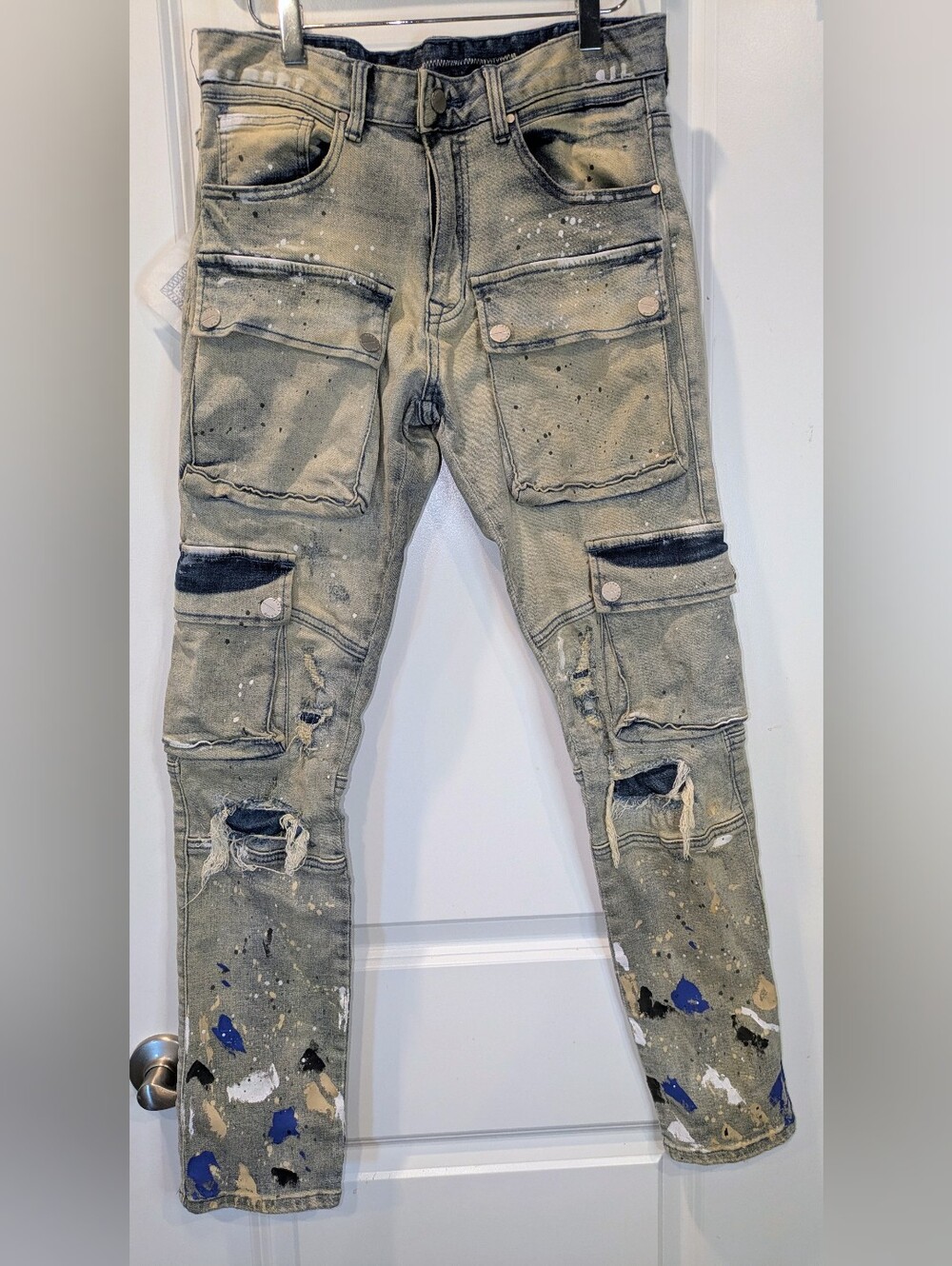 First Row Mens 30x32 Cargo Jeans Distressed Paint Splatter Streetwear